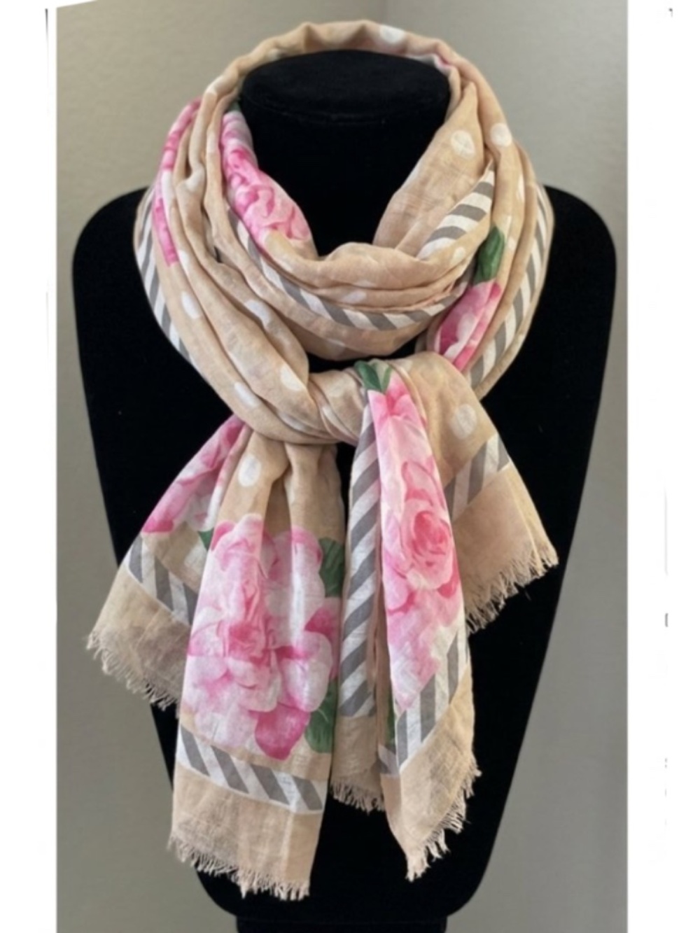 Joan Rivers Mixed Pattern Sand Pink Floral Polka Dot Scarf Wrap Sarong 74"x30"